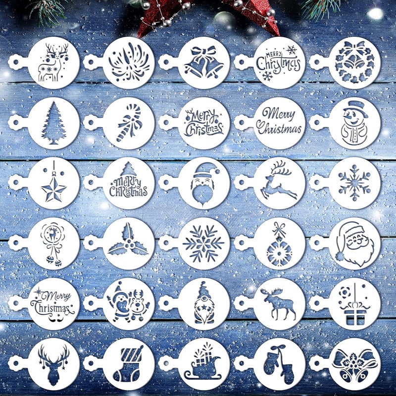 Eersida 30 Pieces Christmas Cookie Stencils Cake Templates Coffee Stencils Reusable Painting Cake Stencil Templates Embossing Moulds for Baking Birthday Easter Xmas Arts DIY Card Making(Cute Style) - Image 1